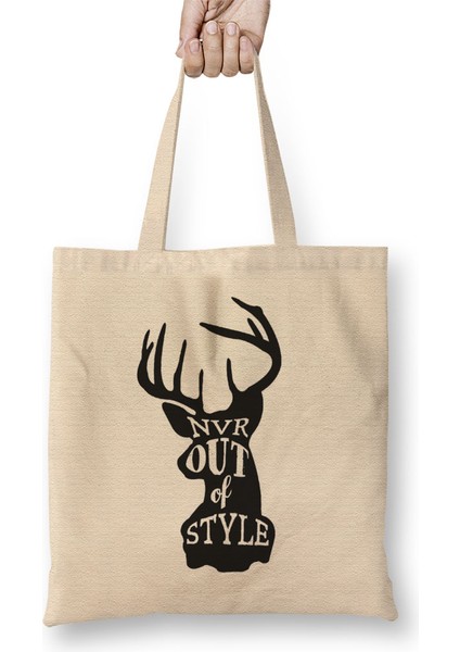Retro Animal Stag Nvr Out Of Style Black Bez Çanta Uzun Saplı