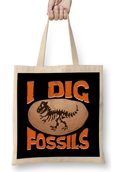 Funny I Dig Fossils Paleontology Pun Dinosaur Bez Çanta Uzun Saplı
