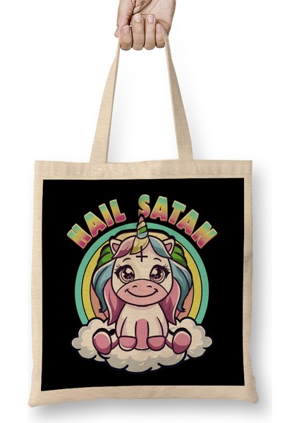 Hail Satan Unicorn Rainbow Heavy Metal Satanic Pun Bez Çanta Uzun Saplı