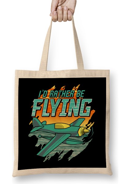 I D Rather Be Flying Retro Airplane Pilot Aviation Bez Çanta Uzun Saplı