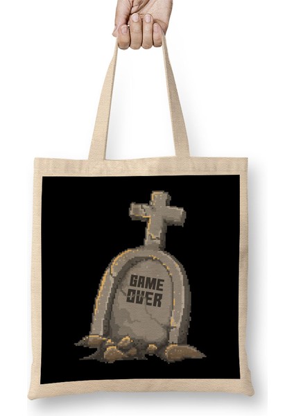 Retro Pixel Game Over Gravestone Bez Çanta Uzun Saplı