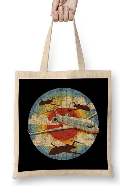 Retro Airplane Pilot Flying Vintage Aviation Bez Çanta Uzun Saplı