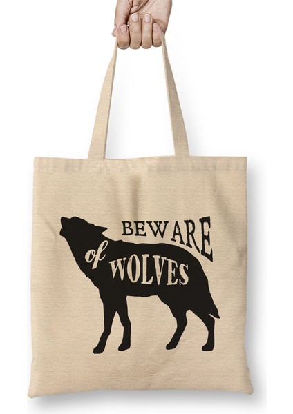 Retro Animal Wolf Beware Of Wolves Black Bez Çanta Uzun Saplı