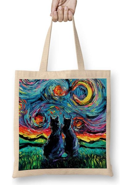 Cat Van Gogh's Cats Kedi Bez Çanta Uzun Saplı
