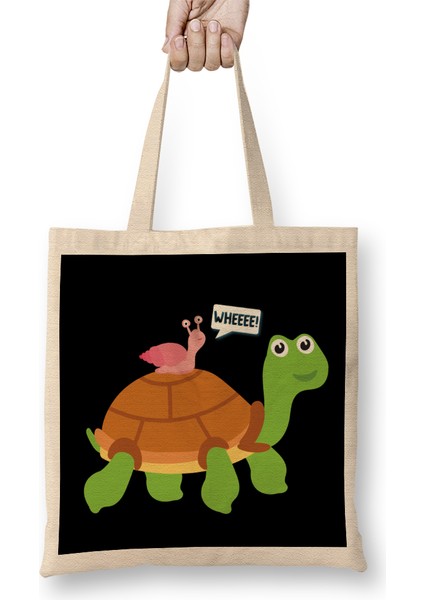Wheee Snail Riding On Turtle Adorable Animal Bez Çanta Uzun Saplı