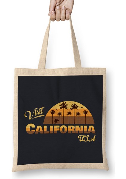 Visit California Usa Sunset Retro Font Bez Çanta Uzun Saplı