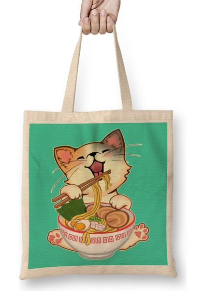 Kawaii Neko Kedi Cute Ramen Cat Japanese Noodle Anime Lover Bez Çanta Uzun Saplı