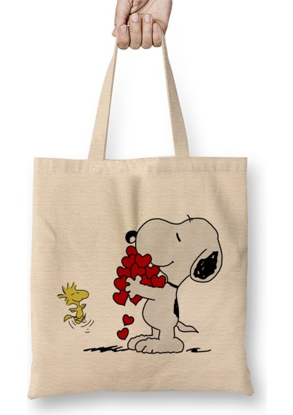 Snoopy And Woodstock Hugging Love Aşk Bez Çanta Uzun Saplı