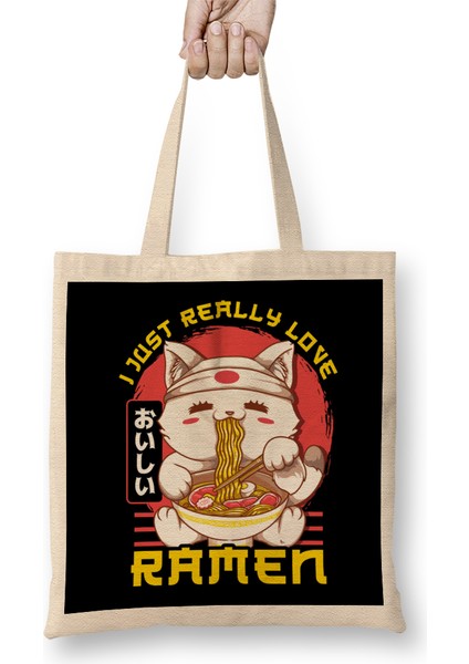 Cute & Funny I Just Really Love Ramen Anime Cat Bez Çanta Uzun Saplı