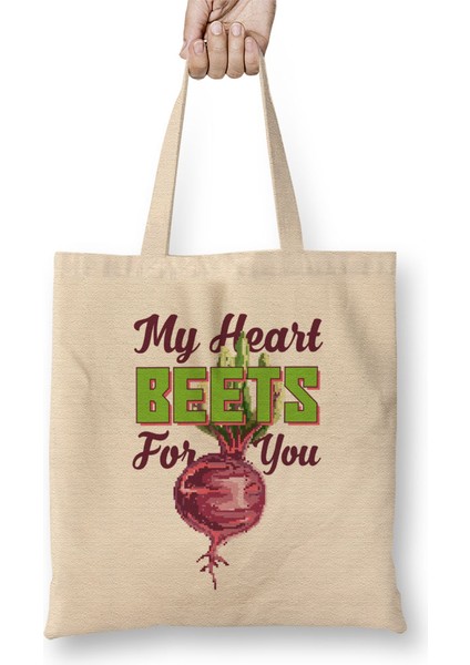 My Heart Beets For You Beetroot Pixel Art Bez Çanta Uzun Saplı