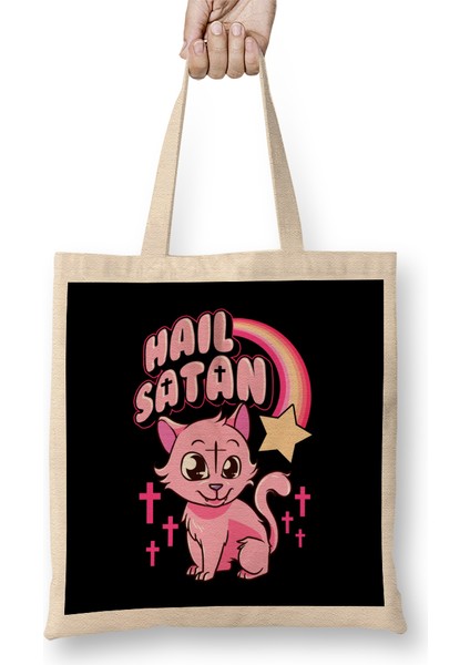 Hail Satan Cat Cute Rainbow Kitty Heavy Metal Pun Bez Çanta Uzun Saplı