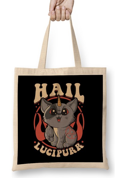 Cute & Funny Satanic Hail Lucipurr Rainbow Kitty Bez Çanta Uzun Saplı