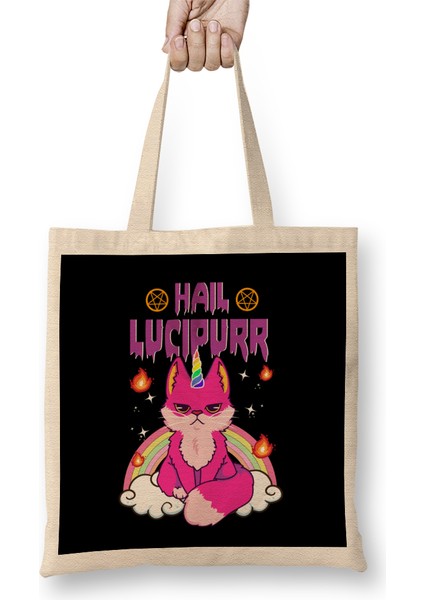Cute & Funny Satanic Hail Lucipurr Rainbow Emo Cat Bez Çanta Uzun Saplı