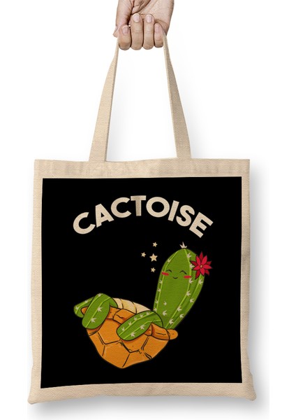 Cute & Funny Cactoise Cactus Tortoise Combined Bez Çanta Uzun Saplı