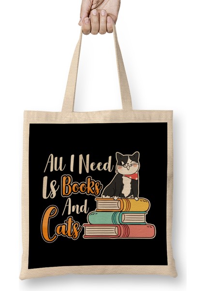 All I Need Is Books And Cats Cute Bookworm Cat Bez Çanta Uzun Saplı