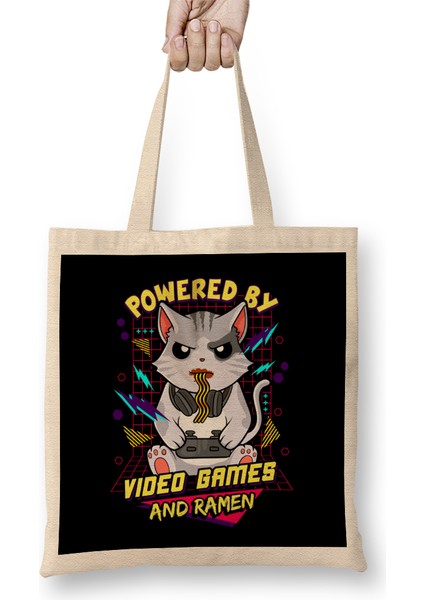 Powered By Video Games & Ramen Anime Cat Bez Çanta Uzun Saplı