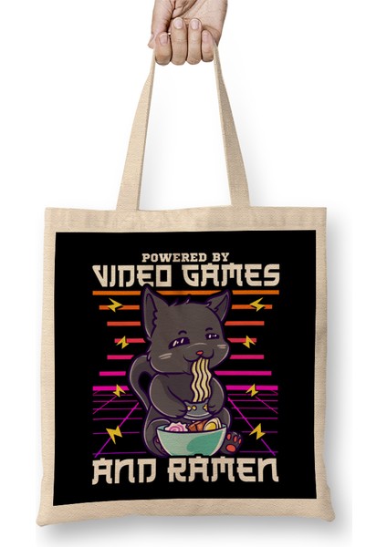 Powered By Video Games & Ramen Anime Cat Bez Çanta Uzun Saplı
