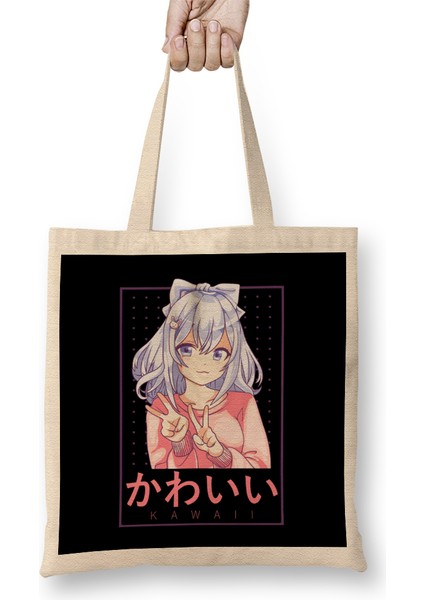 Cute Kawaii Anime Girl Japanese Manga Lettering Bez Çanta Uzun Saplı