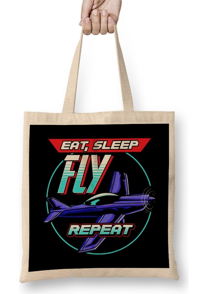 Eat Sleep Fly Repeat Airplane Pilot Aviation Pun Bez Çanta Uzun Saplı