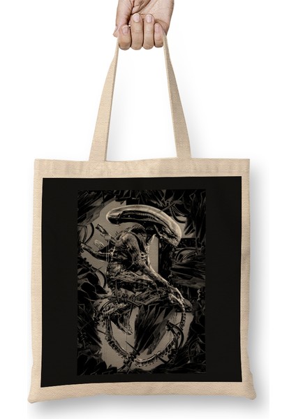 Alien Xenomorph Black And White Bez Çanta Uzun Saplı