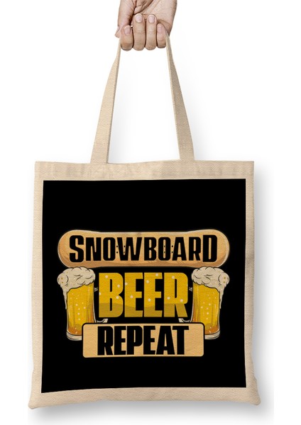 Snowboard Beer Repeat Funny Snowboarder Party Bez Çanta Uzun Saplı