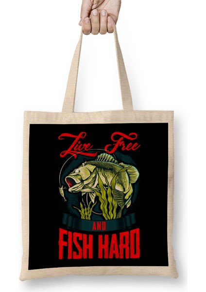 Live Free And Fish Hard Patriotic Fisherman Bez Çanta Uzun Saplı