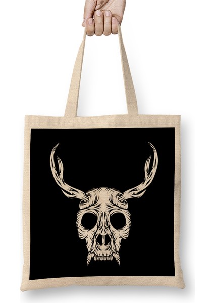 Skull With Antlers Creepy Gorilla Antlers Cool Unique Animal Skull Bez Çanta Uzun Saplı