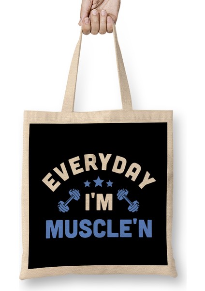 Funny Everyday I'm Muscle'n Weightlifting Pun Gym Bez Çanta Uzun Saplı