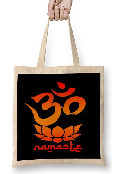 Namaste Symbol With Lotus Flower Bez Çanta Uzun Saplı