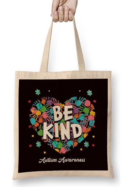 Be Kind Autism Awareness Puzzle Children Heart Son Daughter Bez Çanta Uzun Saplı