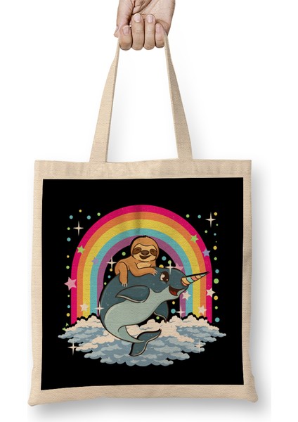 Cute Sloth Riding Narwhal The Unicorn Of The Sea Bez Çanta Uzun Saplı