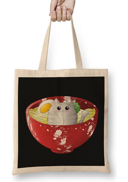 Kawaii Cute Funny Japanese Anime Cat In A Noodles Ramen Bez Çanta Uzun Saplı