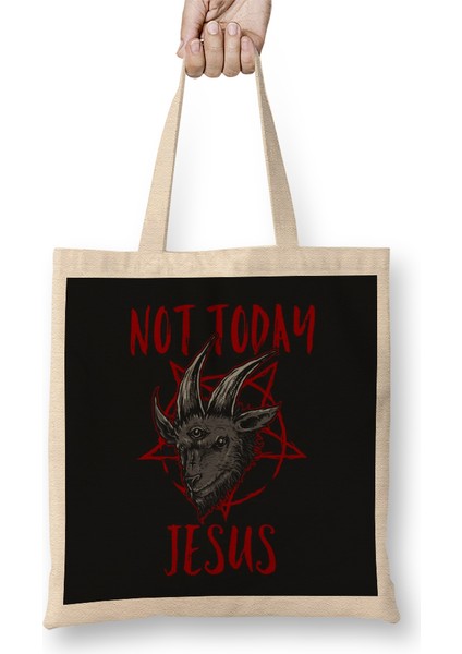 Satanism Baphomet Goat Pentagram Not Today Jesus Bez Çanta Uzun Saplı