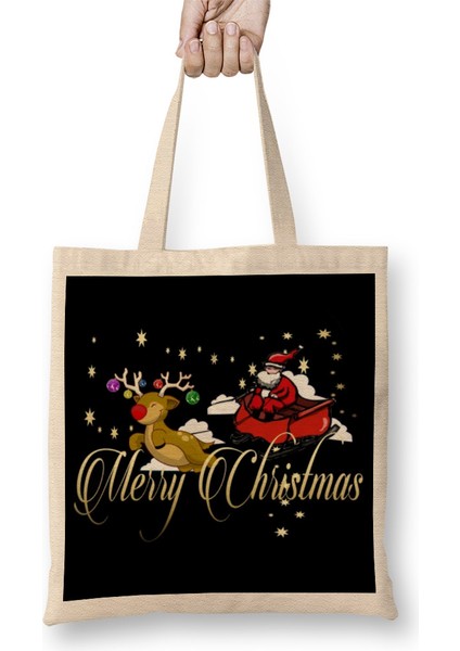 Yılbaşı Yeni Yıl Konseptli Merry Christmas 015 Bez Çanta Uzun Saplı