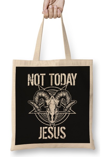 Satanism Baphomet Goat Pentagram Not Today Jesus 02 Bez Çanta Uzun Saplı