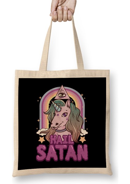 Funny Hail Satan Unicorn Rainbow Satanic Pun Bez Çanta Uzun Saplı