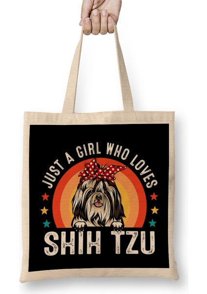 Vintage Shih Tzu Dog Design For Dog Lover Bez Çanta Uzun Saplı