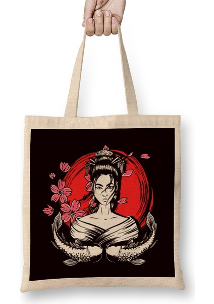 Japan Flag Geisha Fish Sakura Cherry Blossom Tree Japanese Bez Çanta Uzun Saplı