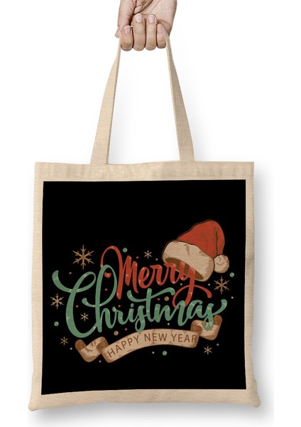 Yılbaşı Yeni Yıl Konseptli Merry Christmas 021 Bez Çanta Uzun Saplı