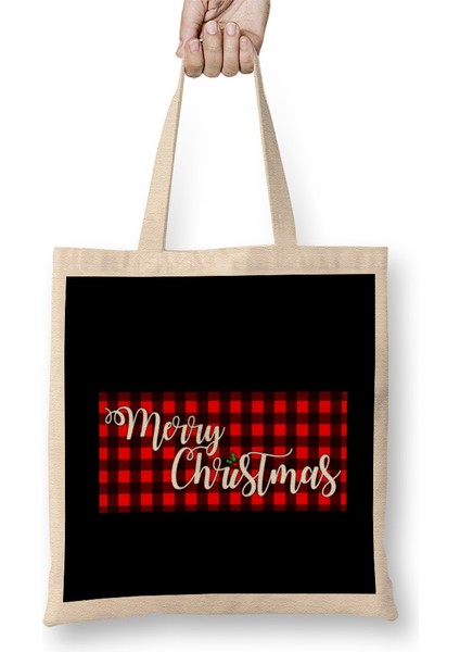 Yılbaşı Yeni Yıl Konseptli Merry Christmas Banner On Buffalo Plaid Bez Çanta Uzun Saplı
