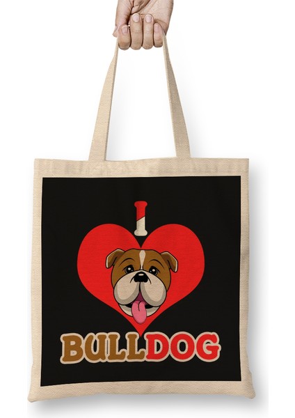 I Love Bulldog Pop Art Portrait Bouledogue Bez Çanta Uzun Saplı