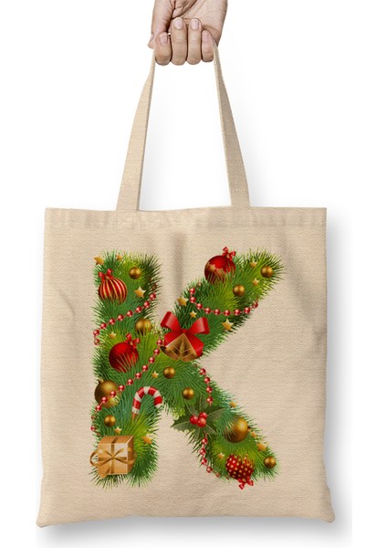 Yeni Yıl Yılbaşı Özel K Harfli Bez Çanta Uzun Saplı