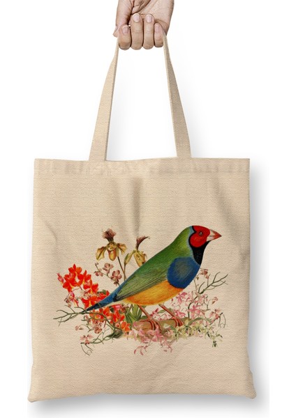Red Head Gouldian Finch Standing Among Orchid Blossoms Bez Çanta Uzun Saplı