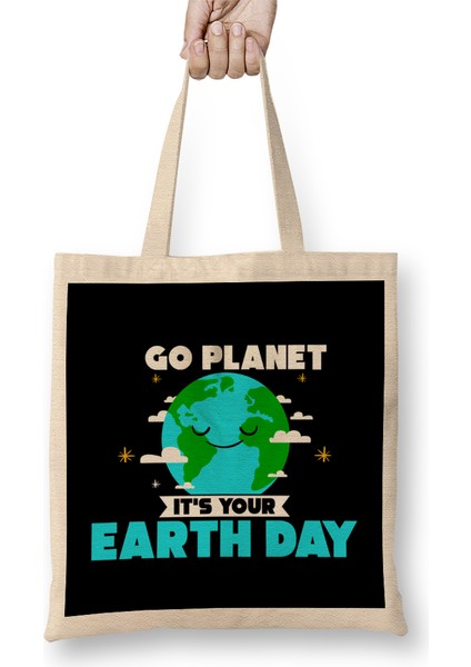 Cute Go Planet It's Your Earth Day Funny Pun Bez Çanta Uzun Saplı
