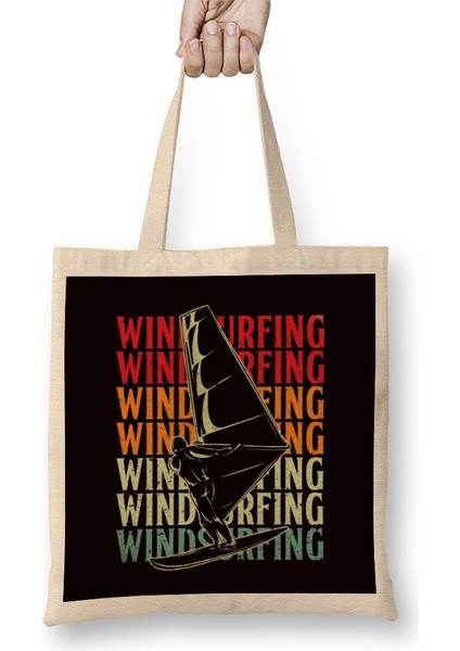 Retro Windsurfing Vintage Windsurfer Sailboarding Ocean Wave Bez Çanta Uzun Saplı