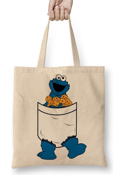 Cookie Monster Kurabiye Canavarı Bez Çanta Uzun Saplı