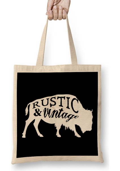 Retro Animal Stag Nvr Out Of Style Black Bez Çanta Uzun Saplı
