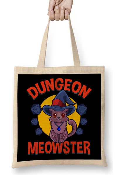 Adorable Dungeon Meowster Gamer Cat Pun Bez Çanta Uzun Saplı