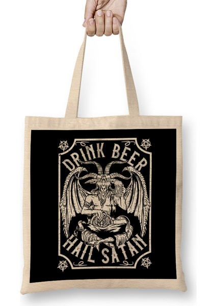 Drink Beer Hail Satan I Satanic Baphomet I Pentagram Occult Design Bez Çanta Uzun Saplı