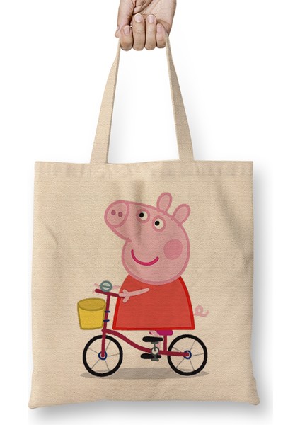 Peppa Pig Bir Bisiklette Peppa Pig Bez Çanta Uzun Saplı
